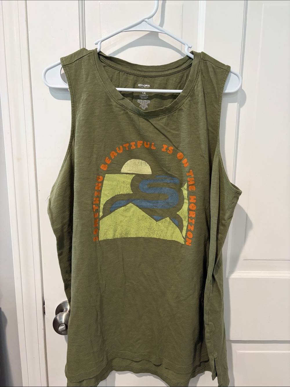 Olive Green Graphic Tank Top - 'Something Beautiful Is On The Horizon' Sz 1X